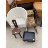 A LLOYD LOOM STYLE OTTOMAN AND CHAIR, A GOUT STOOL, A MINIATURE SPINNING STYLE STOOL AND A SMALL