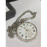 A MARKED 925 SILVER POCKET WATCH WITH A CHAIN SEEN WORKING BUT NO WARRANTY