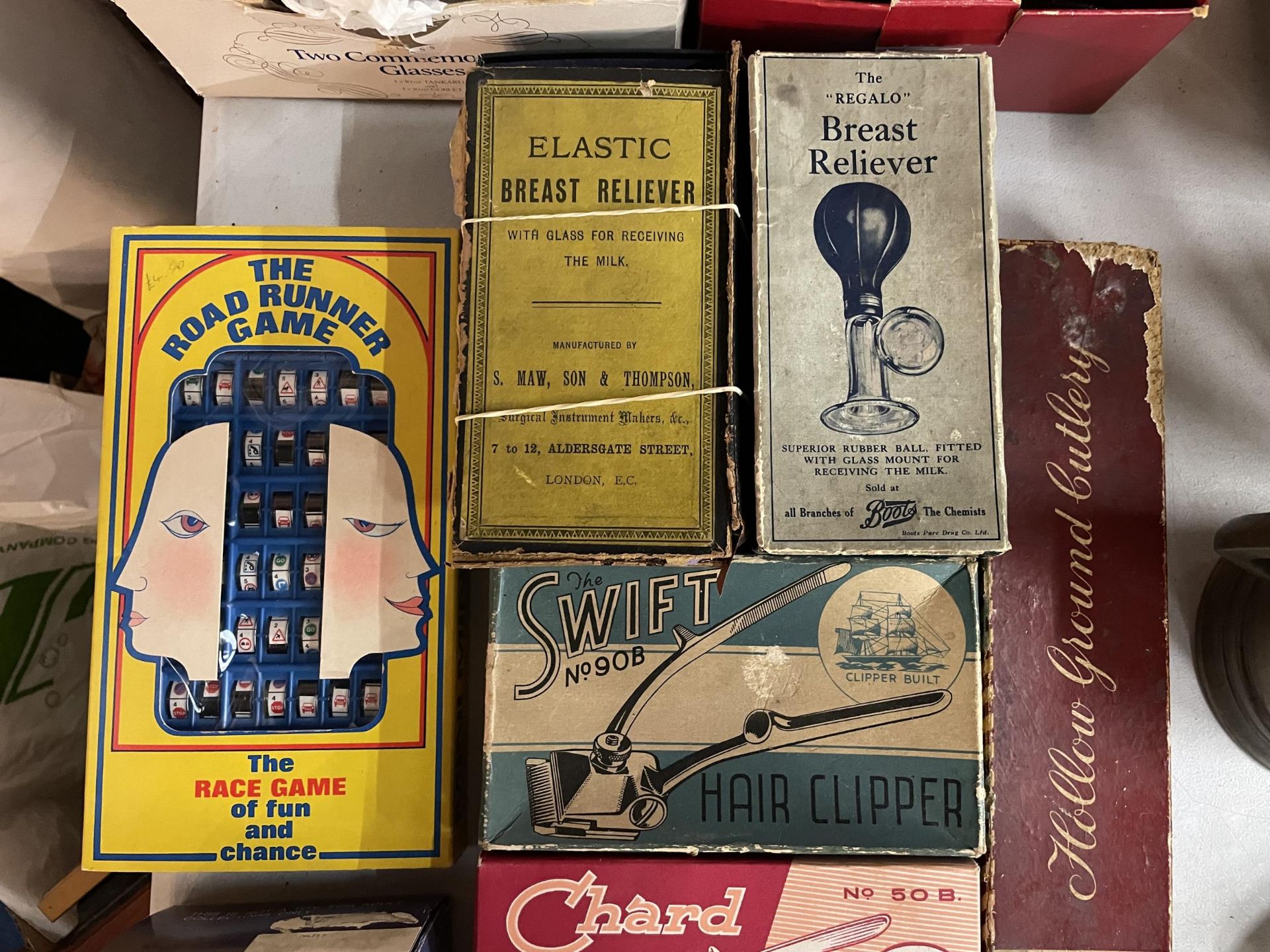 VARIOUS BOXED VINTAGE ITEMS TO INCLUDE HAIR CLIPPERS, TROUSER PRESS, BREAST RELIEVERS ETC - Image 3 of 6