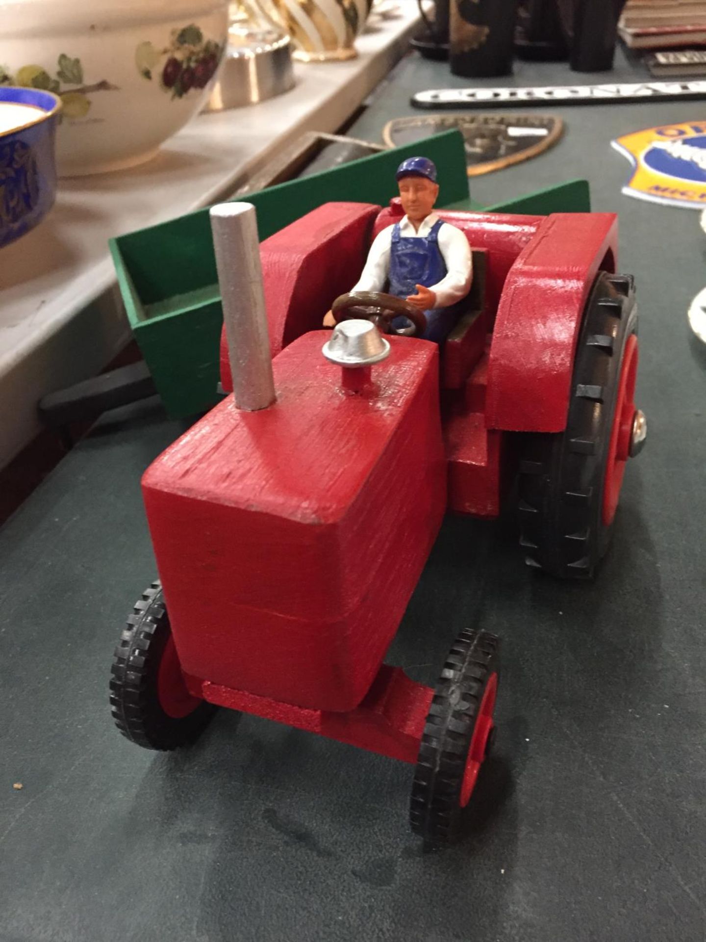 A WOODEN MODEL OF A FARM TRACTOR TOGETHER WITH ATTACHABLE TRAILER AND FIELD ROLLER - Image 3 of 4