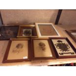 SIX VINTAGE FRAMED PICTURES OF MAINLY CHILDREN PLUS ONE OF A COAT OF ARMS