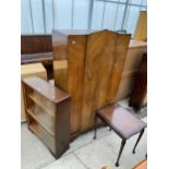 AN OAK BOOKCASE WITH SLIDING GLASS DOORS, A WALNUT WARDROBE AND AN INLAID MAHOGANY SIDE TABLE