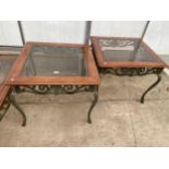 A PAIR OF MODERN HARDWOOD LAMP TABLES ON A METALWARE EFFECT BASE WITH INNER GLASS TOPS 40"X40"