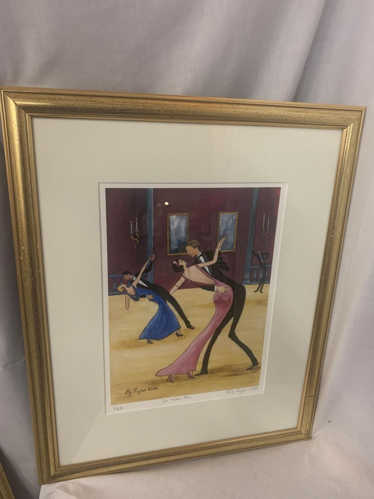 A GILT FRAMED LIMITED EDITION LIZ TAYLOR WEBB PICTURE 'IT TAKE TWO' PENCIL SIGNED TO LOWER RIGHT