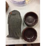 THREE TREEN ITEMS TO INCLUDE TWO CARVED BOWLS DEPICTING AFRICAN WILDLIFE AND A FURTHER WALL