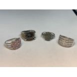 FOUR MARKED 925 SILVER RINGS WITH STONES TO INCLUDE CLEAR AND PINK CUBIC ZIRCONIAS