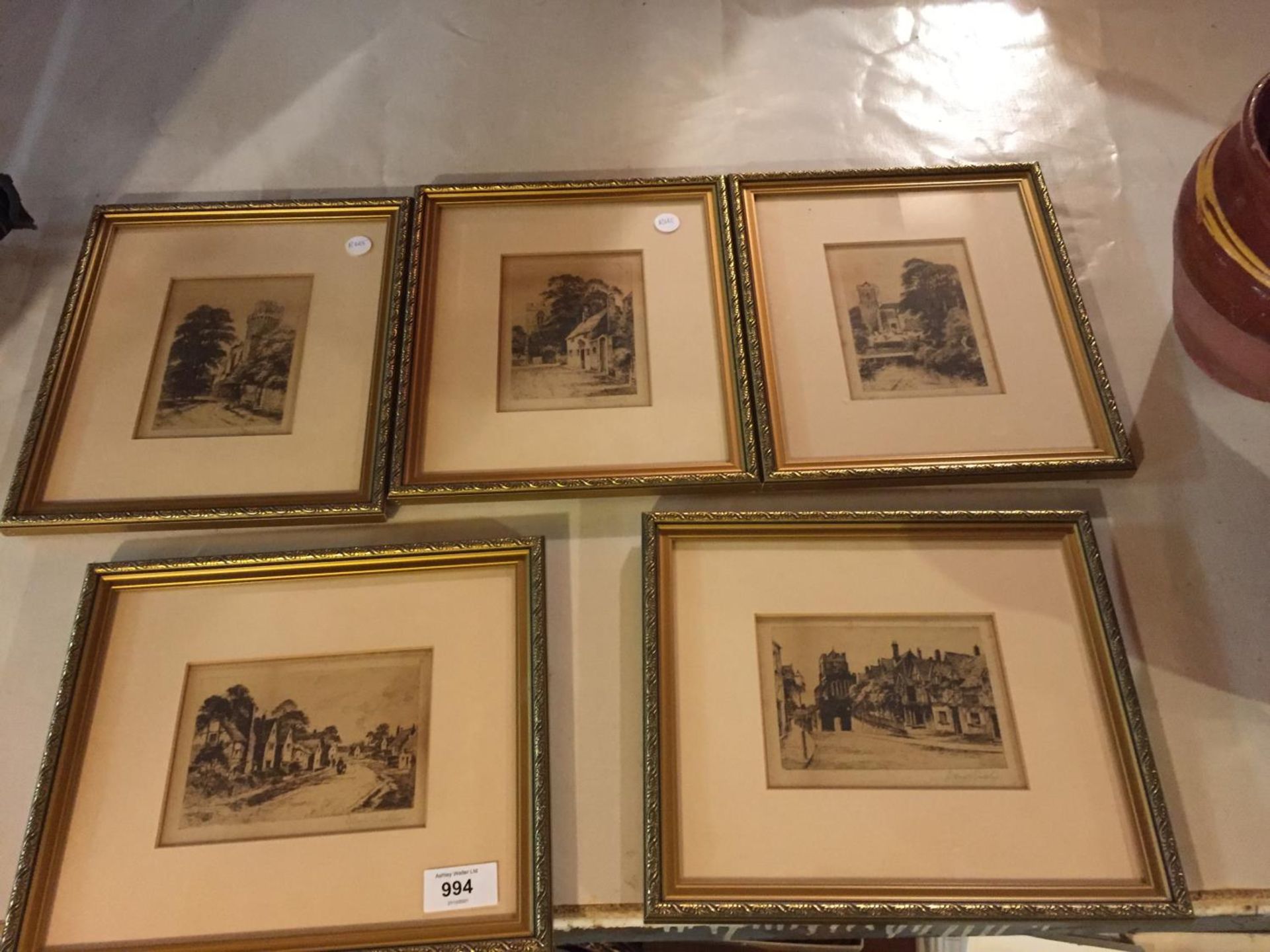 FIVE GILT FRAMED SIGNED PICTURES OF NOSTALGIC STREET SCENES