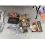 AN ASSORTMENT OF TOOLS AND HARDWARE TO INCLUDE SCREWS, A MONEY TIN AND REFLECTORS ETC