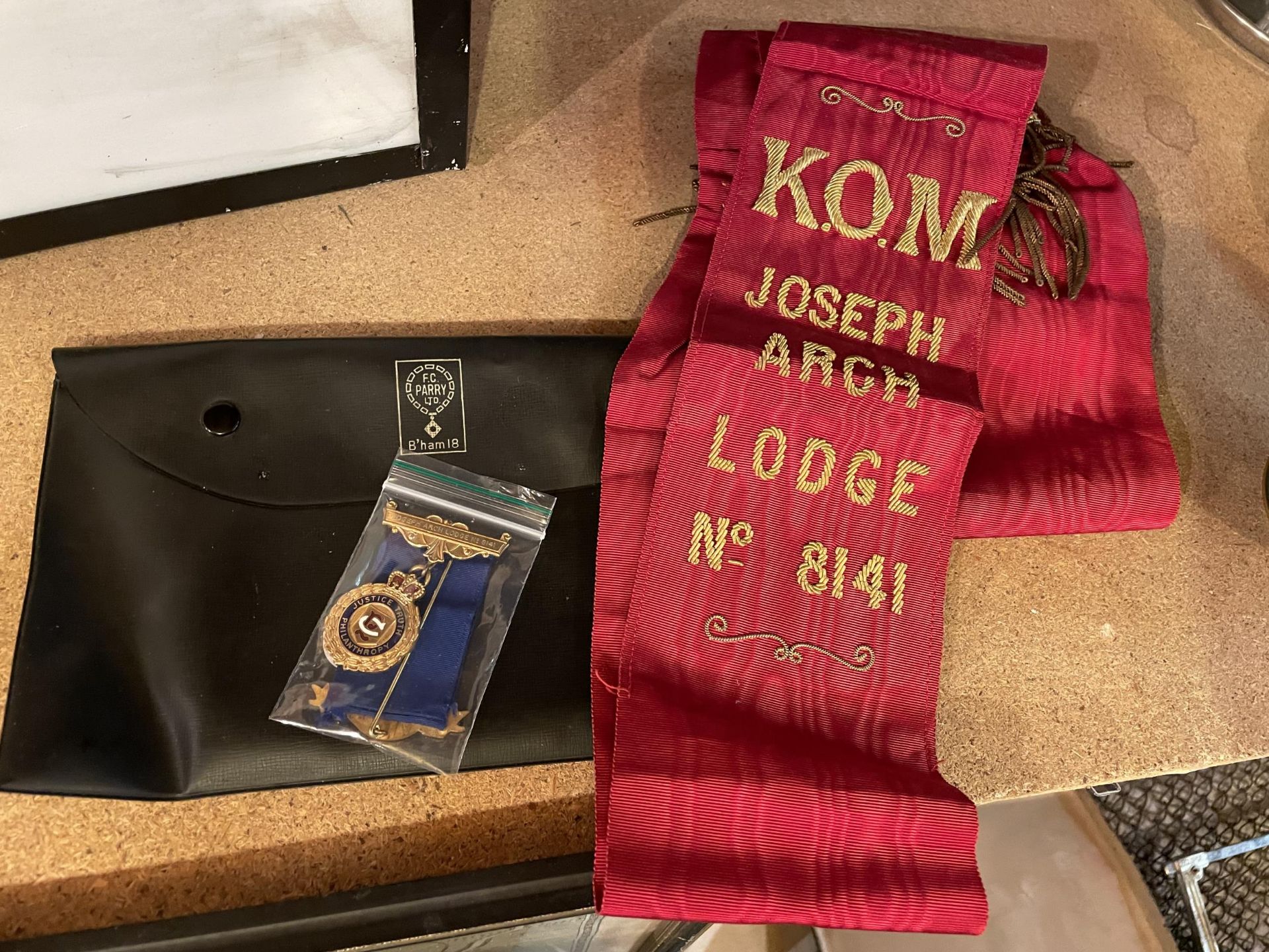 A MASONIC JOSEPH ARCH LODGE SASH AND A MASONIC MEDAL