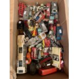 A BOX OF PLAY WORN CARS TO INCLUDE CORGI, MATCHBOX, SPOT ON, ETC