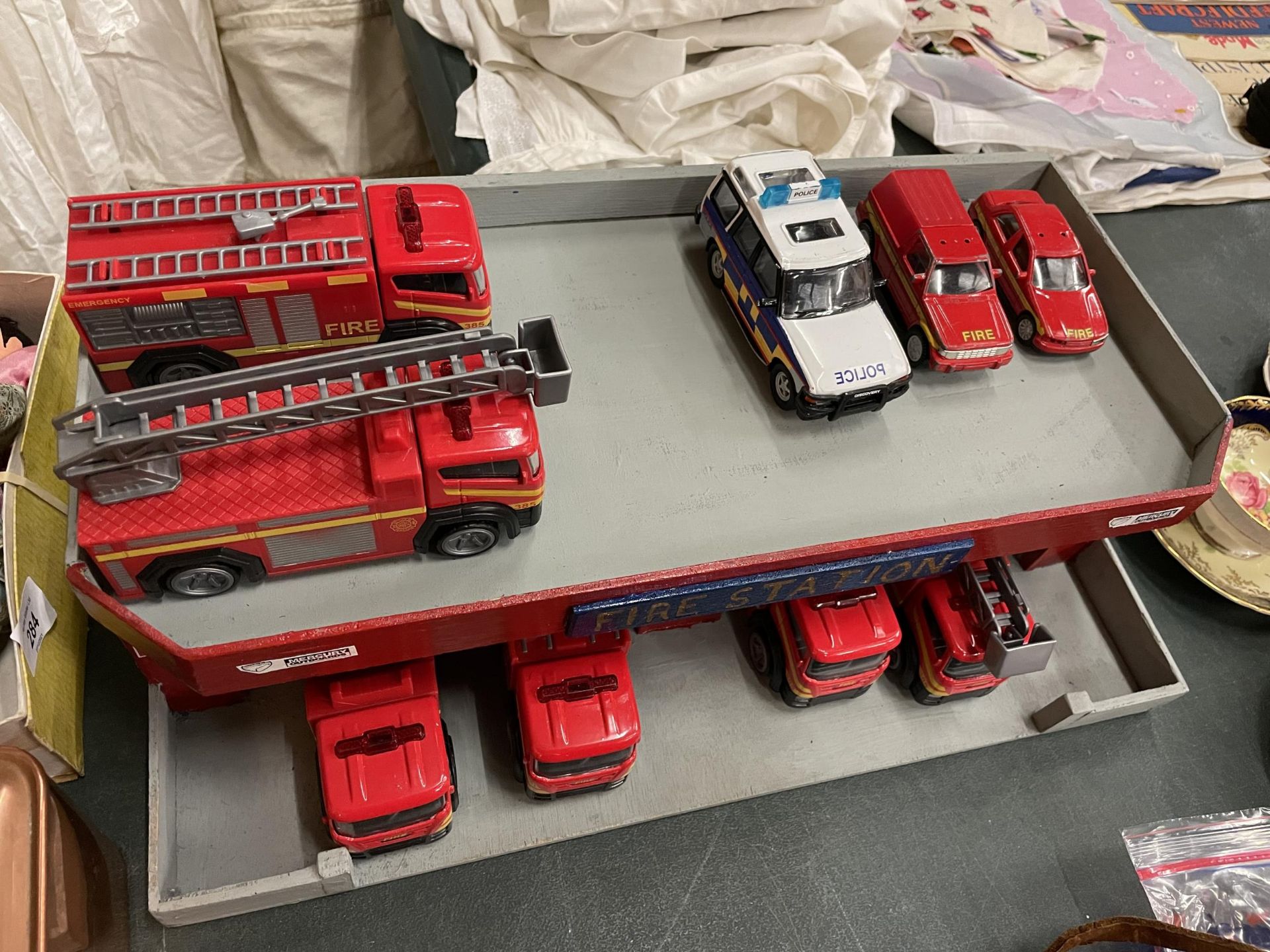 A WOODEN MODEL FIRE STATION WITH NINE VEHICLES - Image 3 of 3