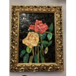 A BRIGHTLY COLOURED MOSAIC OF FLOWERS IN A GILT FRAME