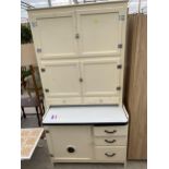 A 1950s/60s WHITE METAL KITCHEN CABINET WITH FIVE DOORS, THREE DRAWERS AND PULL OUT ENAMEL SLIDE