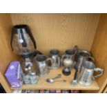 AN ASSORTMENT OF ITEMS TO INCLUDE TANKARDS, TEA SPOONS AND A COFFEE MAKER ETC