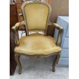 A 19TH CENTURY STYLE GILT FRAMED OPEN ARMCHAIR