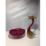 TWO PIECES OF GLASSWARE TO INCLUDE A CRANBERRY WARE BOWL AND A BIRD