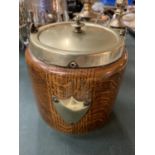 A BRASS BOUND WOODEN ICE BUCKET WITH A VACANT CARTOUCHE HEIGHT 6 INCHES