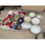 AN ASSORTMENT OF ITEMS TO INCLUDE CERAMIC PLATES, JUGS AND MATERIAL ETC