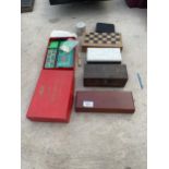 AN ASSORTMENT OF TREEN BOXES TO ALSO INCLUDE VARIUOUS GAMES TO INCLUDE ROULETTE, DRAUGHTS AND