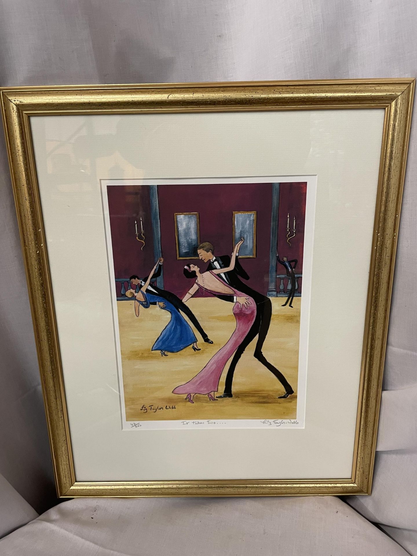 A GILT FRAMED LIMITED EDITION LIZ TAYLOR WEBB PICTURE 'IT TAKES TWO' PENCIL SIGNED TO LOWER RIGHT