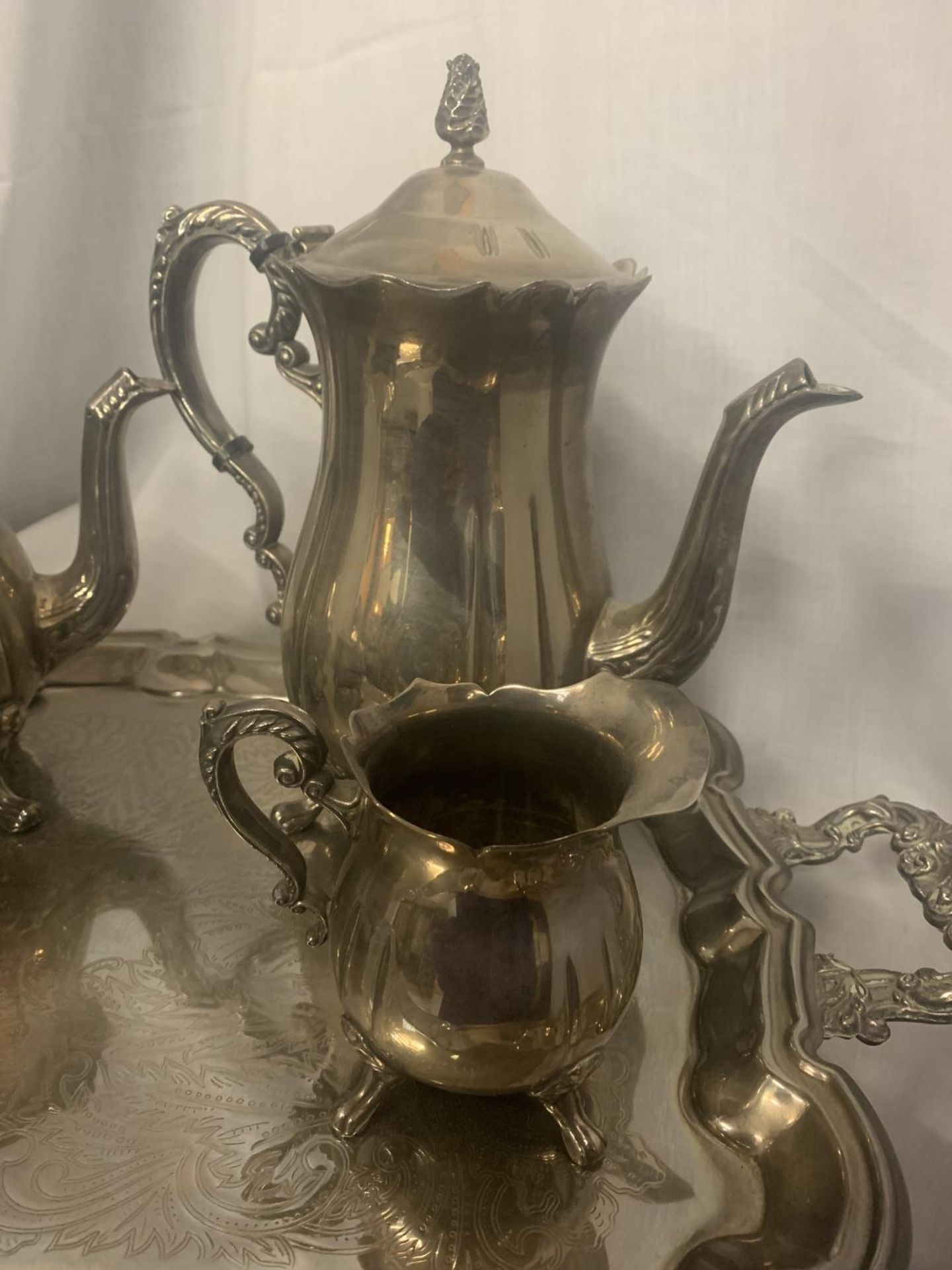 A VERY HEAVY AND ORNATE SILVER PLATED TEAPOT, COFFEE POT, SUGAR BOWL AND MILK JUG ON A TRAY - Image 2 of 5