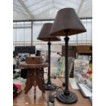 A PAIR OF TABLE LAMPS, A TREEN TRIVET STAND AND A TREEN BOX