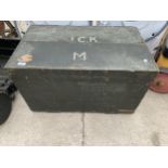 A PINE EX MILITARY STORAGE TRUNK, NO KEY (OPEN), H: 46CM, W: 76CM, D: 46CM