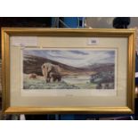 A GILT FRAMED SIGNED LIMITED EDITION PAUL DYSON PRINT 'FIRST OUTING' OF HIGHLAND CATTLE