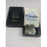 A ST JUSTIN PEWTER CELTIC STYLE BROOCH IN A PRESENTATION BOX