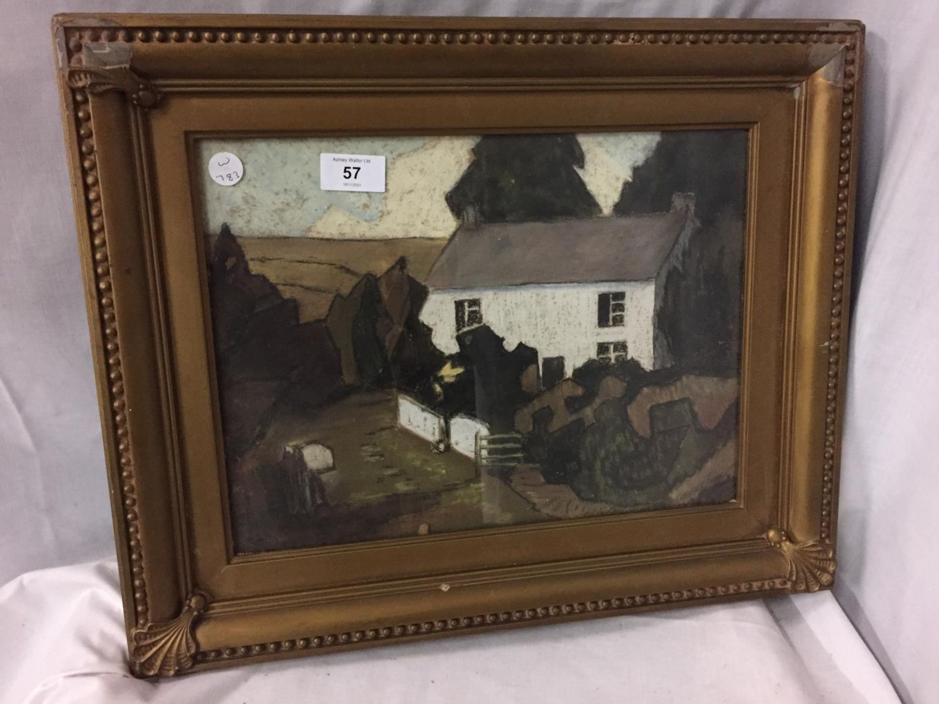 A THEODORE ZIMMERMAN (BORN 1937) 'THE WHITE COTTAGE' PASTEL SIGNED 26CM X 35CM TITLED VERSO FRAMED