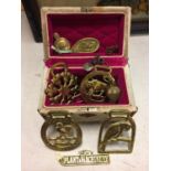 A MINATURE CHEST CONTAINING VARIOUS ITEMS OF BRASSWARE TO INCLUDE PLAQUES, HORSE BRASSES ETC