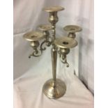 A TALL ORNATE CHROME FIVE BRANCH CANDLEABRA