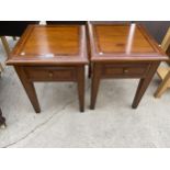 A PAIR OF MODERN WALNUT AND CROSSBANDED LAMP TABLES WITH SINGLE DRAWER 18 X 16.5"