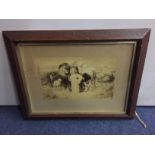 A WOODEN FRAMED VINTAGE PICTURE OF A YOUNG GIRL WITH CALVES, LION, LAMB, CHEETAH ETC