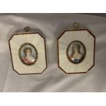 A PAIR OF ART DECO STYLE BONE FRAMED MINIATURE PRINTS OF REGAL LADIES. HIGHLY DECORATIVE FRAMES WITH