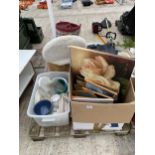 AN ASSORTMENT OF HOUSEHOLD CLEARANCE ITEMS TO INCLUDE GLASS WARE, CERAMICS AND A RUG ETC