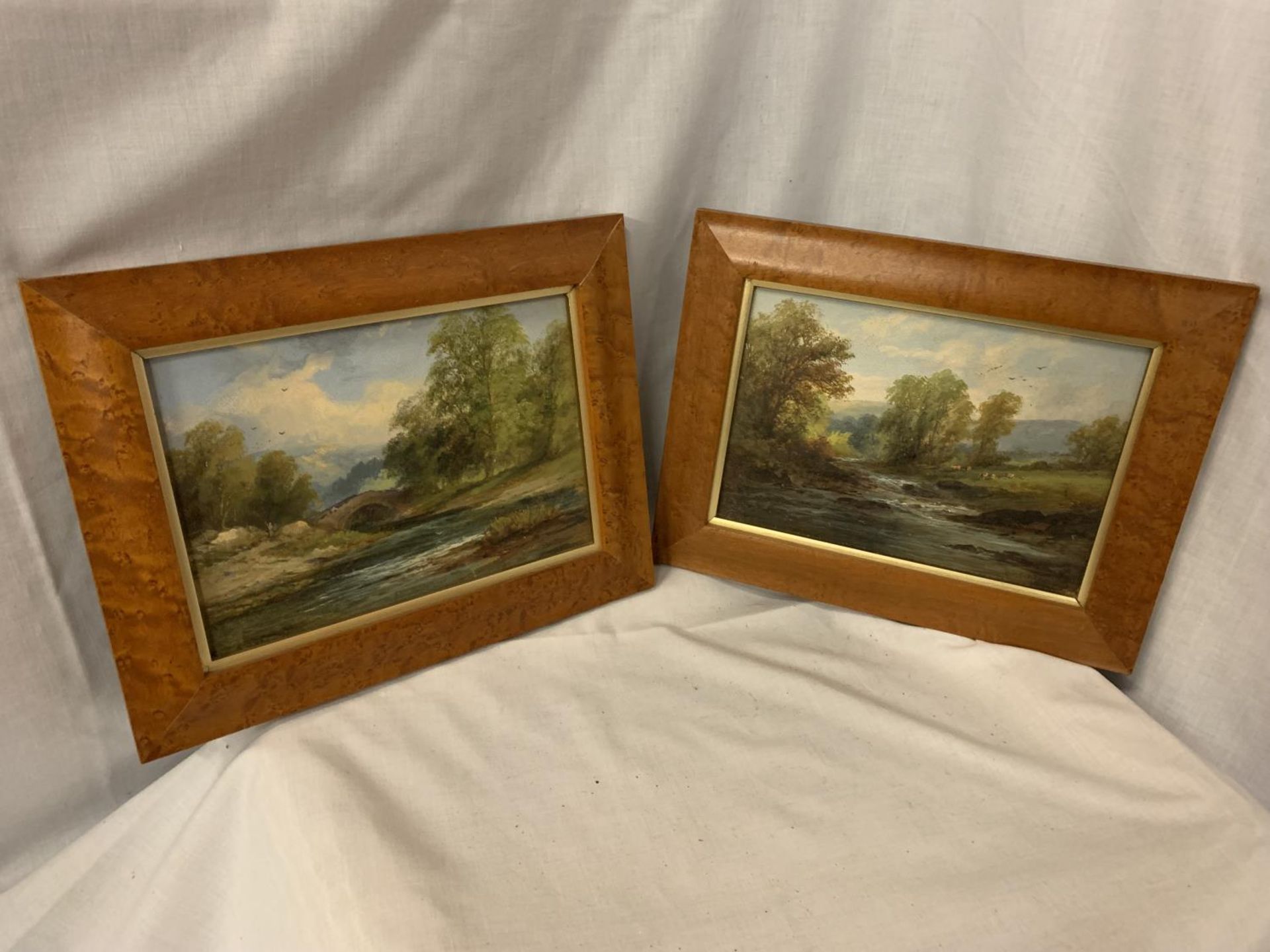 A PAIR OF FRAMED OILS ON BOARD OF LANDSCAPE SCENES, INDISTINCT SIGNATURE