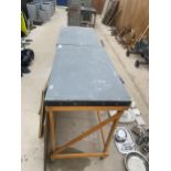 TWO WOODEN GARAGE/WORKSHOP BENCHES WITH WHEELED BASE