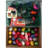 A BOX OF RETRO CHRISTMAS TREE BAUBLES AND CHRISTMAS TREE LIGHTS