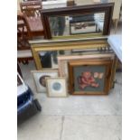 AN ASSORTMENT OF FRAMED PRINTS, PICTURES AND MIRROS ETC