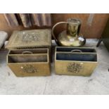 AN ASSORTMENT ODF BRASS ITEMS TO INCLUDE A LOX BOX, TWO MAGAZINE RACKS AND A LARGE BRASS LIDDED JUG