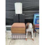 AN ASSORTMENT OF ITEMS TO INCLUDE TWO PADDED STORAGE CHESTS, A LLYOD LOOM STYLE LINEN BASKET AND TWO