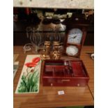 A COLLECTION OF ITEMS TO ICLUDE A CLOCK, TWO GILT CANDLE STICKS (ONE A/F) A DESK TIDY WITH THE