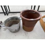 A LARGE CERAMIC PLANTER AND A FURTHER GALVANISED TWIN HANDLED PAN