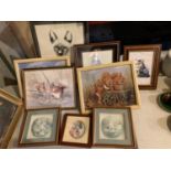 A NUMBER OF FRAMED PRINTS OF ANIMALS TO INCLUDE SQUIRRELS, CATS AND FOXES