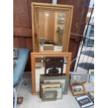 AN ASSORTMENT OF FRAMED PRINTS AND MIRRORS TO ALSO INCLUDE A CARVED TREEN PANEL