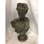 A LARGE BRONZE EFFECT STONE BUST OF DIANA HEIGHT 53CM