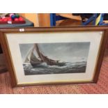 A LARGE WOOD AND GILT FRAMED PRINT 'THE TRAWLER', 1912, BY C NAPIER HEMY