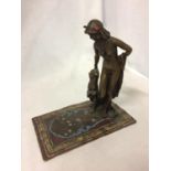 A COLD PAINTED BRONZE OF A NUDE LADY WITH HER LEOPARD LENGTH 16CM