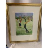 A GILT FRAMED LIMITED EDITION LIZ TAYLOR WEBB PICTURE 'A PUTT TOO FAR' PENCIL SIGNED TO LOWER